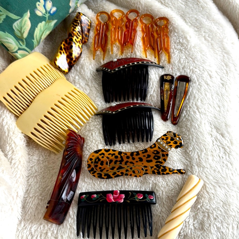 Leopard Print and Black Hair barrettes vintage